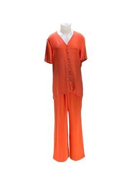 Cynthia Howie Maggy Boutique Orange Silk Button-Front Top & Wide-Leg Pants Set S